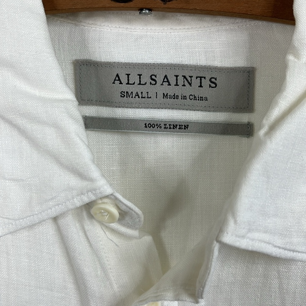 AllSaints White Linen Button-Down Shirt with Subtle Logo - Picture 4 of 6
